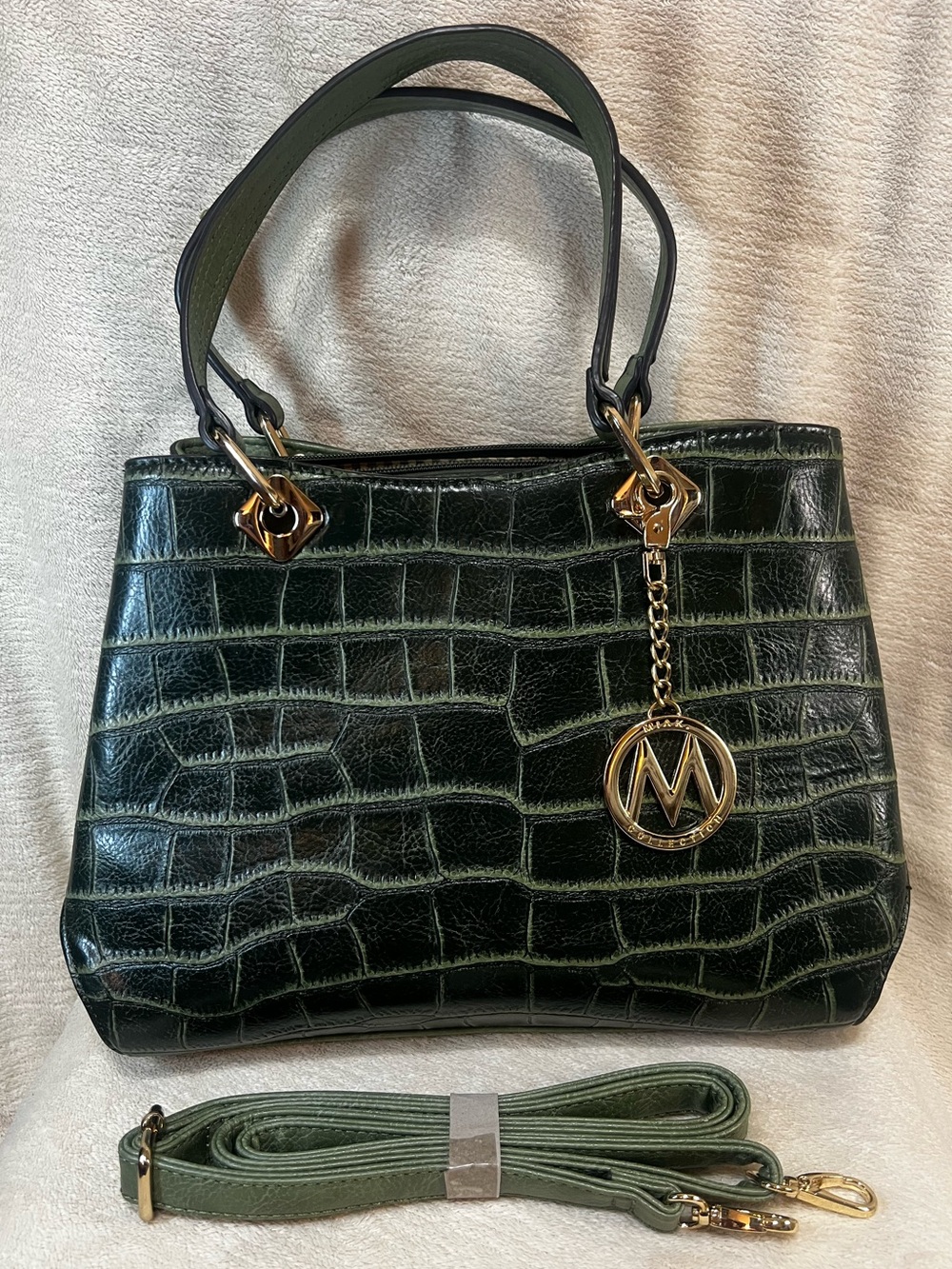 MKF Collection Vegan Leather Faux Croc Embossed Green Satchel Tote EUC - Picture 14 of 14